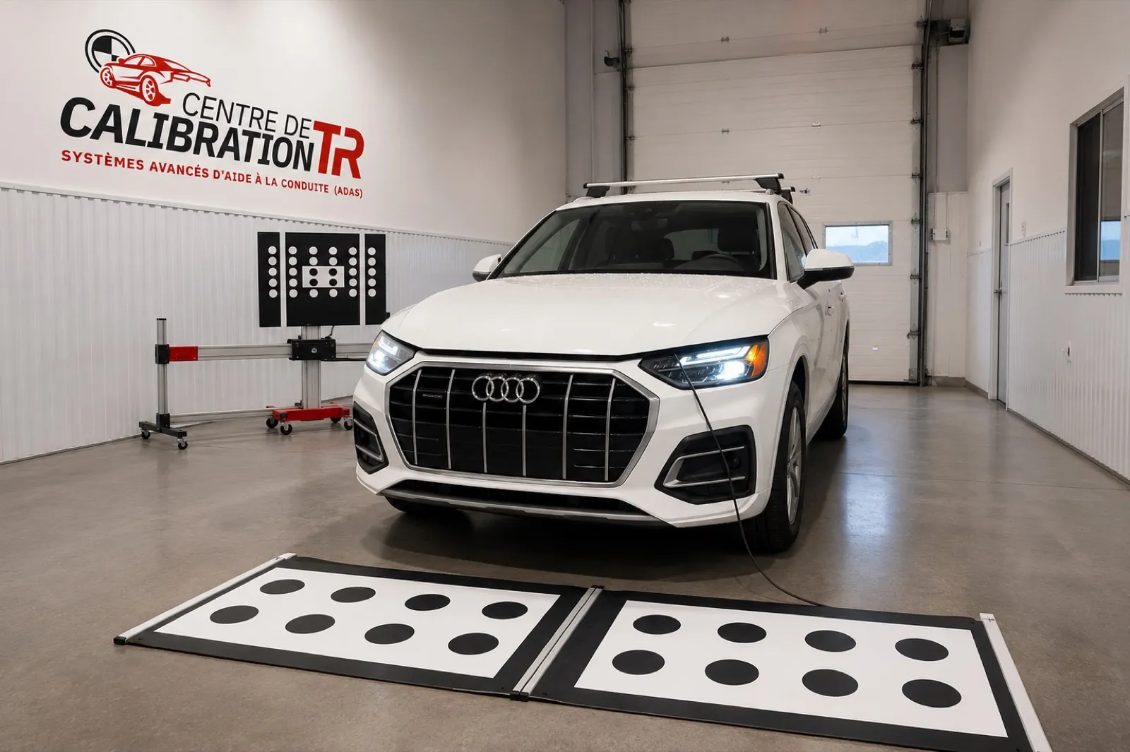 Audi blanche en diagnostic électronique ADAS avec cible de calibration