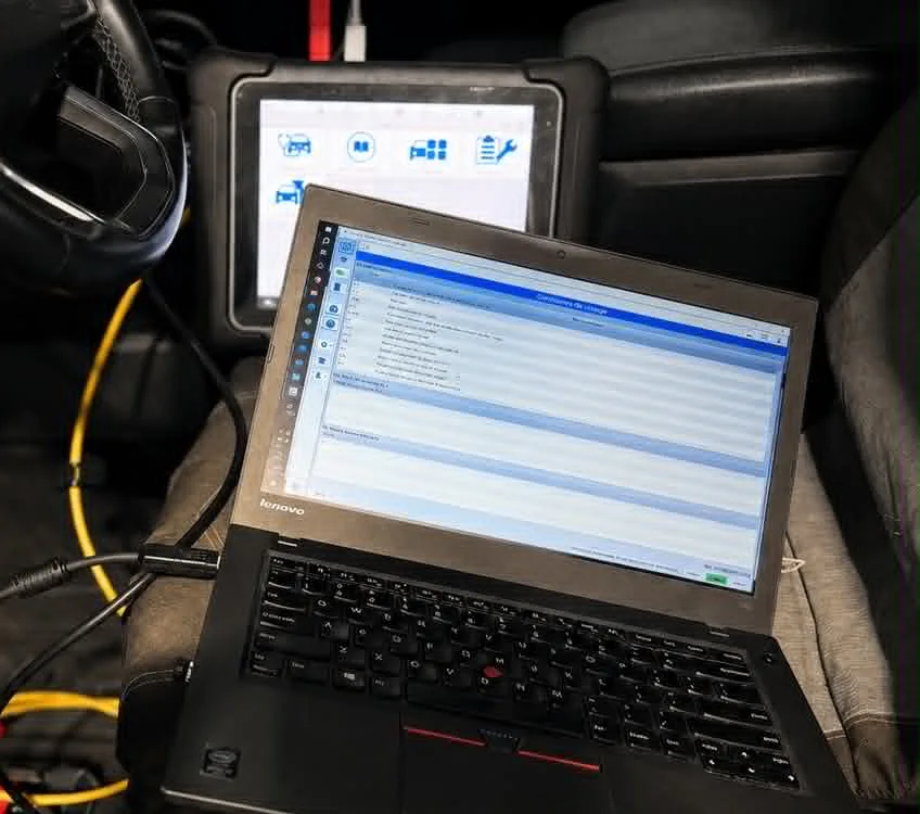 Ordinateur portable et tablette de diagnostic exécutant la programmation d’un module ADAS dans un véhicule